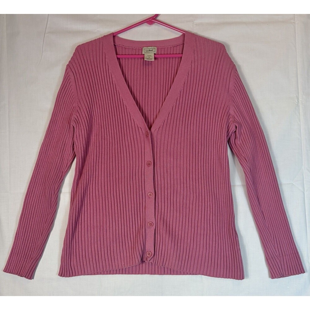 LL Bean Cardigan Sweater L/S V-Neck Button Cotton Pink Women’s Size XL